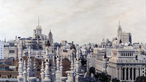 Pináculos, Torres y Cúpulas 82 x 146, obra de Carlos Arriaga. Fotografía pintada al óleo.