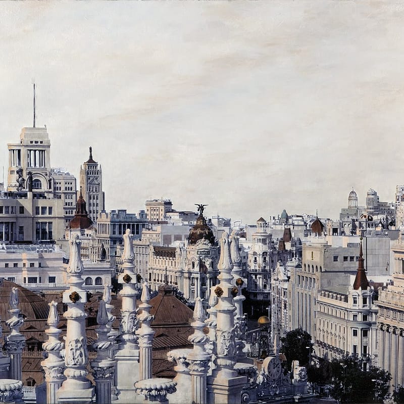 Pináculos, Torres y Cúpulas 82 x 146, obra de Carlos Arriaga. Fotografía pintada al óleo.